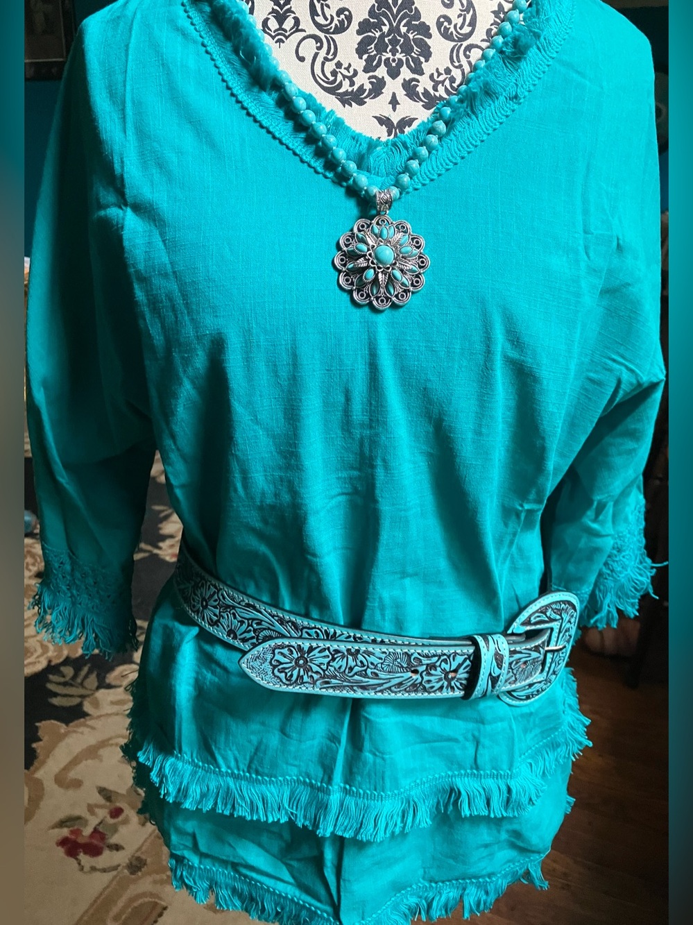 NWOT Brilliant Turquoise Fringe Boho XL Neck 3/4 Sleeve Top